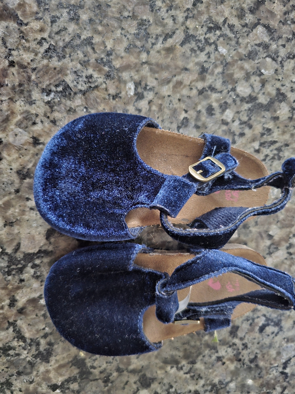 OshKosh B'gosh Navy Velvet T-Strap Sandals with Gold Buckle